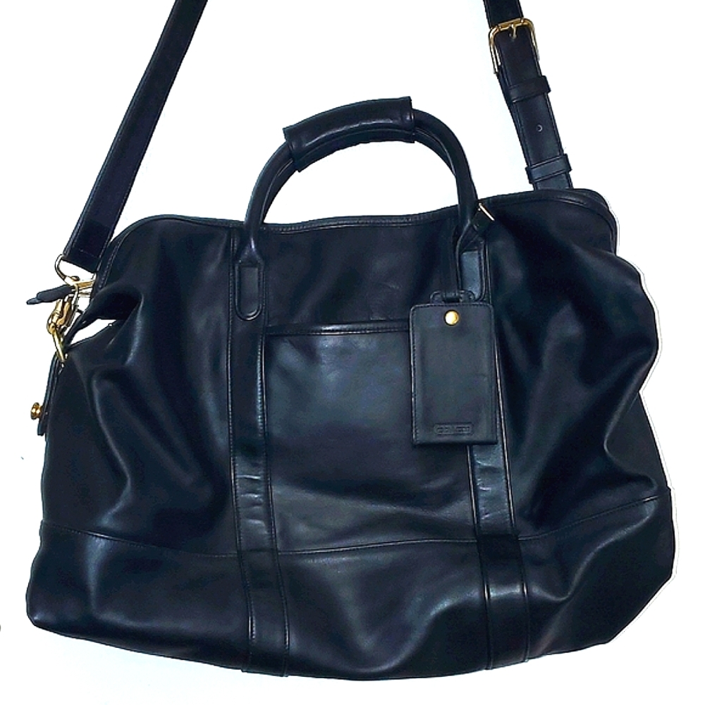 Coach Black Leather Large Travel Tote Duffel Weekender Bag with Lock